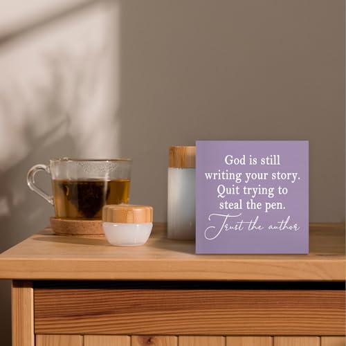 God Is Still Writing Your Story,Wood Box Sign Desk Decor, Christian Scripture Bible Verse Prayer Room Purple Wooden Block Sign Decorations for Home Office Wall Tabletop Shelf Decor - color: Purple, size: 5 x 5 in