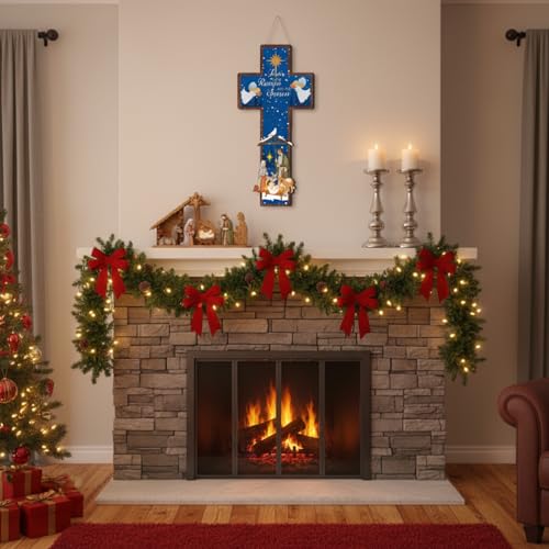 Meooeck 27.5 Easter Door Sign Wooden Religious Cross Hanging Decor Easter Wreaths for Front Door Christian Flowers Lent Hanging Hanger for Farmhouse Front Porch - style: Jesus is the Reason for the Season