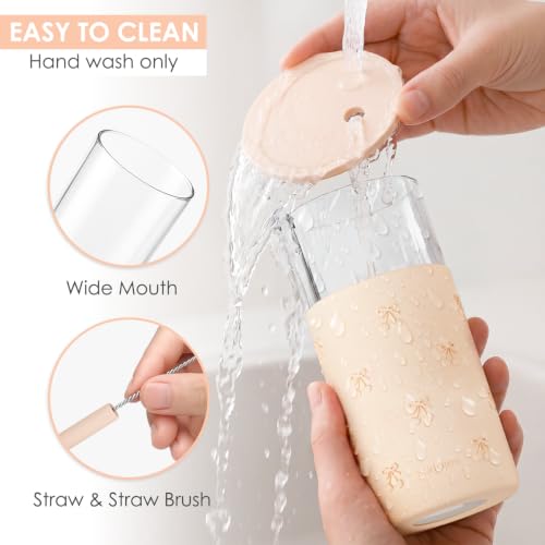 SANDJEST Glass Water Bottle with Silicone Sleeve 20oz, Glass Tumbler with Straw and Lid, Smoothie and Iced Coffee Cup, Cherry Gifts for Women Teen Girls Birthday Christmas - color: Cherry