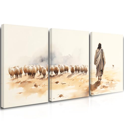 Reateforin Set of 3 Christian Prints Jesus Leaves the 99, The Lost Lamb Print,Jesus Wall Art Christian Wall Decor for Home Religious Gifts Bible Verse Art Bible Story Artwork for Living Room 24"x36" - color: beige gray jesus lamb art, size: 24x36 inches,
