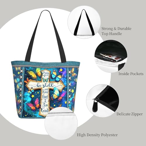Bible Tote Bags for Women Christian Tote Bag Church Shoulder Bag Inspirational Bags With Zipper Christian Gift - color: Be Still and Know That I Am God 3