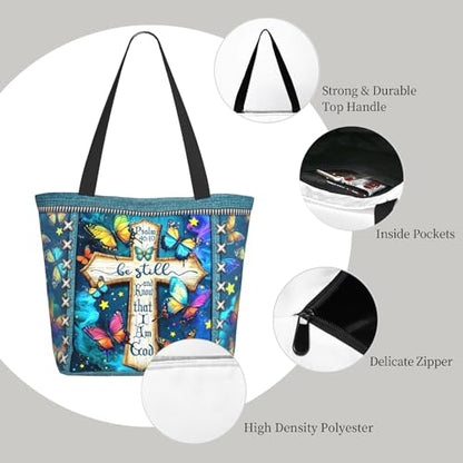 Bible Tote Bags for Women Christian Tote Bag Church Shoulder Bag Inspirational Bags With Zipper Christian Gift - color: Be Still and Know That I Am God 3