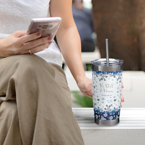 Christian Art Gifts Double Wall Vacuum Insulated Stainless Steel Travel Mug and Straw 18 oz Blue Floral Camp Style Coffee Mug with Lid for Women Laser-engraved- Be Still & Know -Psalm 46:10 - color: White & Blue/Be Still