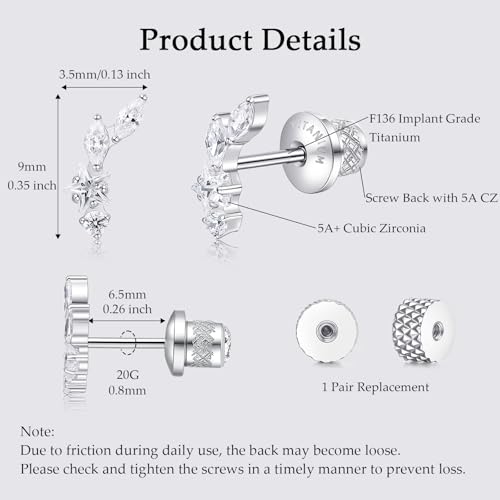 Limerencia Titanium Flat Back Screw Back Stud Earrings for Women Men - color: Silver 8