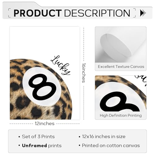 Leopard Wall Art Cheetah Canvas Prints Lucky 8 Ball Wall Decor Fashion Leopard Poster Aesthetic Pictures Trendy Cheetah Painting Preppy Artwork for Living Room Bedroom 12x16 Inch Unframed Set of 3 - color: 8 Ball Prints, size: 12"x16" Unframed