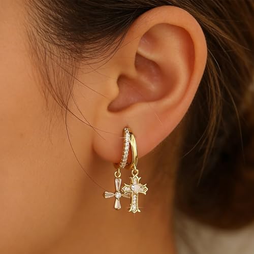 Double Huggie Hoop Earrings with Charms Cross Dangle Earrings Gold/Silver Double Cross Drop Hoop Earrings for Women Men Trendy - style: Style A-Gold