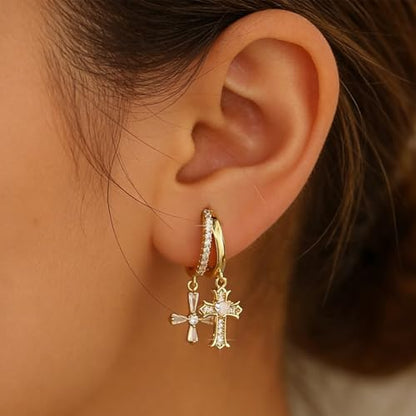 Double Huggie Hoop Earrings with Charms Cross Dangle Earrings Gold/Silver Double Cross Drop Hoop Earrings for Women Men Trendy - style: Style A-Gold