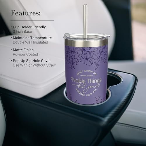 Christian Art Gifts Large Stainless Steel Insulated Travel Mug Tumbler & Reusable Straw: Women Do Noble Things Inspirational Scripture, Sturdy Flip Lid, Double Wall Vacuum, Cute Purple Floral, 18 oz. - color: Purple Floral/Noble Things
