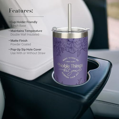 Christian Art Gifts Large Stainless Steel Insulated Travel Mug Tumbler & Reusable Straw: Women Do Noble Things Inspirational Scripture, Sturdy Flip Lid, Double Wall Vacuum, Cute Purple Floral, 18 oz. - color: Purple Floral/Noble Things