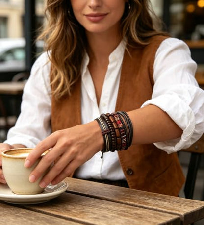 HZMAN Handmade Hemp Cords Wood Beads Leather Bracelets for Men Women - style: Classic Style