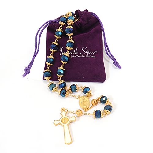 Nazareth Store St. Benedict Deep Blue Crystal Beads Rosary Prayer Necklace Golden Miraculous Medal & Gold Enamel Cross - color: Deep Blue