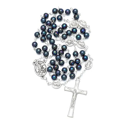 KOMI 6mm Glass Pearl Rosary Beads Catholic for Women with Metal Rosary Box Religious Gifts - style: St Michael-black