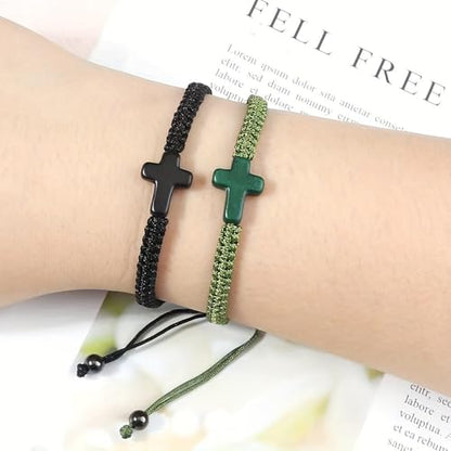 Colorful Cross Braided Handmade Woven Rope Prayer Protection Bracelet Inspirational Religious Christian Protection Bangle for Women Men Couple Friendship Jewelry - color: black