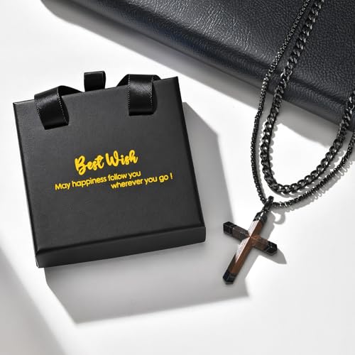 FLHEART Wooden Cross Bible Verse Necklace for Men, Hawaiian Handmade Real Black Ebony Wood Cross Pendant Stainless Steel Chain, Mens Cross Necklaces Koa Wood Jewelry Christian Baptism Easter Gifts - style: Philippians 4:13 - 2pcs