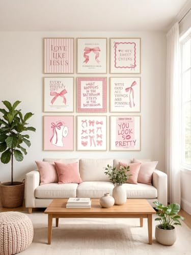 Pink Bow Bathroom Wall Art 9Pcs Bathroom Wall Decor Preppy Girly Posters - color: pink
