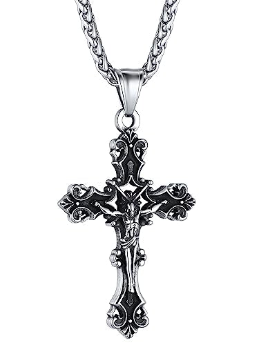 ChainsHouse Cross Necklace for Men, Black/18K Gold Plated/Stainless Steel Christian Jewelry Cross Pendant Necklace for Men, with Gift Box - color: a: Jecus Cross-Steel