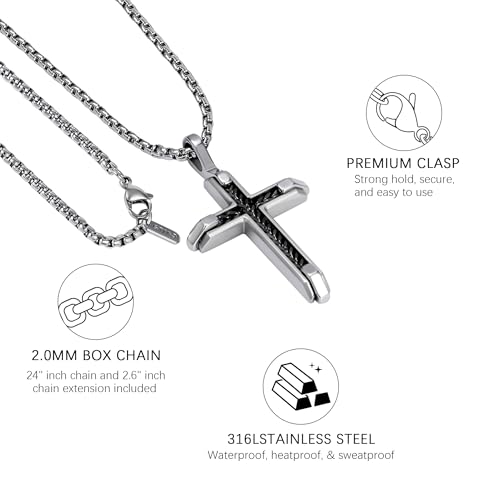 Stainless Steel Cross Necklace for Men with Adjustable Box Chain Christian Cross neckalce Gift - color: Black-Silver