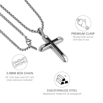 Stainless Steel Cross Necklace for Men with Adjustable Box Chain Christian Cross neckalce Gift - color: Black-Silver
