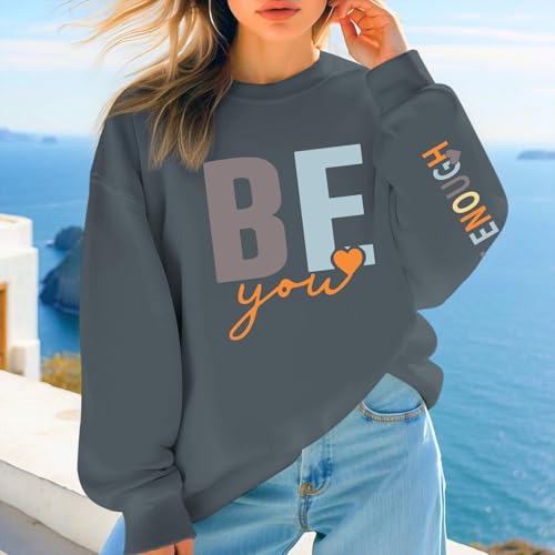Pairxily You Are Enough Crewneck Sweatshirt for Women Mental Health Awareness Pullover Inspirational Graphic Long Sleeve Tops - color: Deep Gray, size: XX-Large
