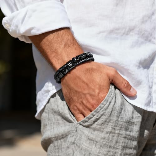 Initial Leather Bracelets for Men, Double-Row Braided Adjustable Wristband - color: Initial W