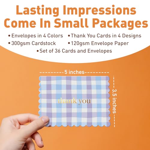 S&O Gingham Thank You Cards with Envelopes - Blank Greeting Card for Handwritten Messages - 3.5x5" Thank You Notes Set of 36 - Assorted Thank You Cards with Color Envelopes to Mix & Match (Pack of 2) - size: 3.5x5 inches (Pack of 2)