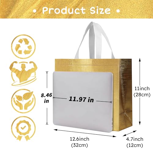 cabzymx 25 Pcs Gold Reusable Gift Bags with Metallic Design, Non-woven Gift Bag Bulk with Handles, Glossy Party Bags for Wrapping Gifts, Birthday, Wedding, Parties, Graduation-12.6x4.7x11 In - color: Gold, size: 1 Count (Pack of 25)