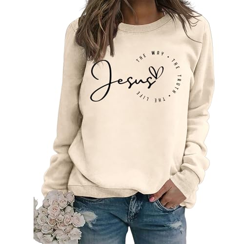 Christian Sweatshirts for Women Jesus Long Sleeve Graphic Shirts - color: Beige1, size: Medium