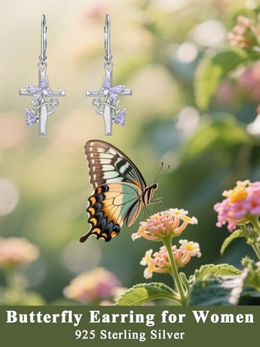 Butterfly Earrings for Women 925 Sterling Silver Birthstone Butterfly Cross Rose Dangle Earrings Elegant Butterfly's Jewelry Gift for Birthday Valentines Day Christmas - color: 6-June