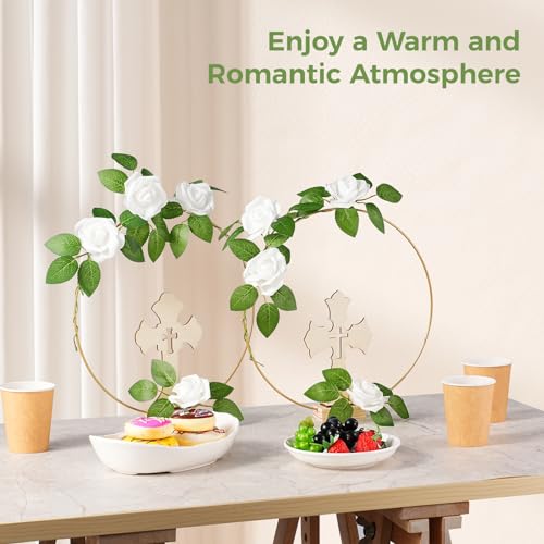 48 Pcs Baptism Centerpieces for Tables - Baptism Table Decorations - 12 Wood Crosses, 12 Metal Floral Hoops with Stands, and 24 Foam Roses - Garland Strands Kit for Baptism Party, Wedding Decor