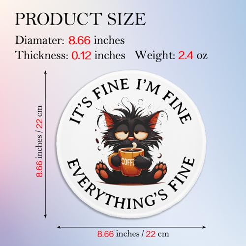 Funny Black Cat Round Mouse Pad, It's Fine I'm Fine Everything's Fine Mousepad for Laptop Gaming, Small Mouse Mat with Non-Slip Rubber Base Stitched Edge for Wireless Mouse Home Office Desk - color: black
