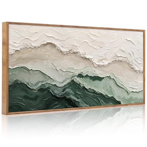 Aurlan 3D Textured Green Abstrcat Ocean Framed Canvas Wall Art 40x20 Inch - color: Green Beige (3D Textured), size: 40"L x 20"W