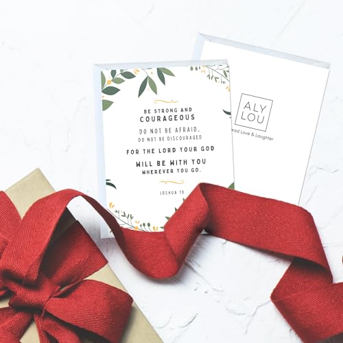 Religious Card Baptism, Christian Bible Quote, Christening, First Communion, Confirmation, or Wedding Card | Cute Prayer & Inspirational Greeting Card, Blank Inside, Thoughtful Gift by Aly Lou (Be Strong And Courageous) - color: Be Strong And Courageous