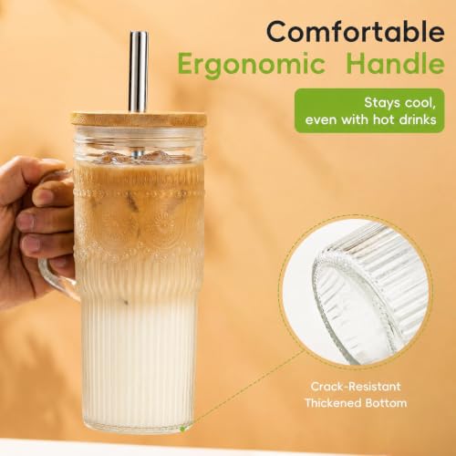 JunVpic Glass Tumbler, 24 oz Ice Coffee Cups with Bamboo Lid and Handle - color: Clear-Boho Pattern, size: 24oz