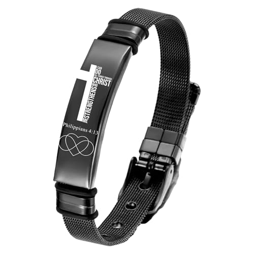 Personalized Cross Bible Verse Bracelets Inspirational Christian Wristbands Catholic Religious Jewelry Gifts for Him/Men Son/Dad/Boyfriend/Husband Adjustable Stainless Steel Bracelet - color: BLACK PHILI 4:13