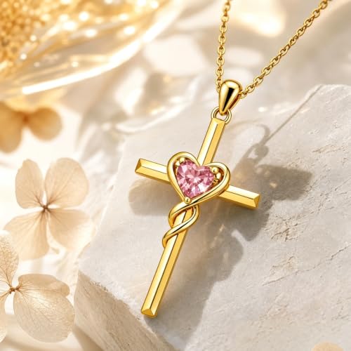 Birthstone Cross Necklace for Women 14K Gold Plated Heart Infinity Cross Pendant Necklace Christian Religious Jewelry Anniversary Birthday Gifts for Wife Mom Her - color: Oct/Tourmaline