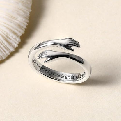 LOVECOM S925 Sterling Silver Hug Rings for Women Teen Girls Mother Daughter - color: Beautiful g@rl you can do hard things, size: US Size 6
