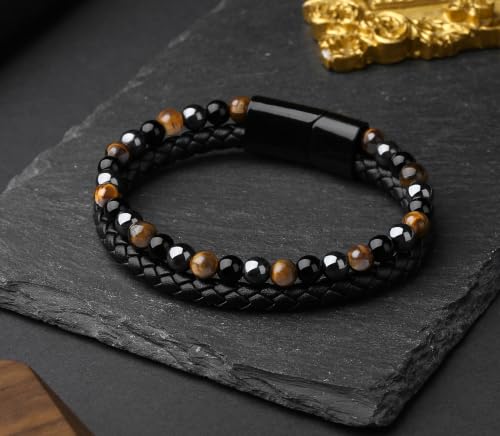 XIANNVXI Mens Tiger's Eye Beads Black Leather Bracelet Gift - color: Yellow, Gray, Black