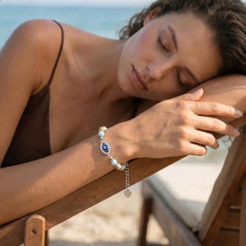 Bracelet for Women Natural Stone Beaded, Stainless Steel Charms, Adjustable - color: 1-Evil eye