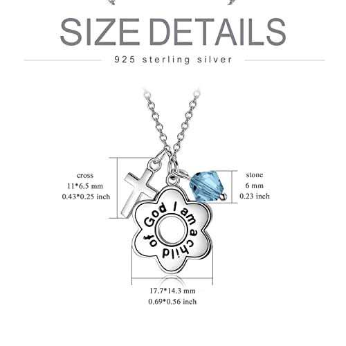 AOBOCO 925 Sterling Silver I Am a Child of God Daisy Necklace Jewelry Birthday Birthday Baptism Communion Gifts for Girls - color: Simulated Aquamarine