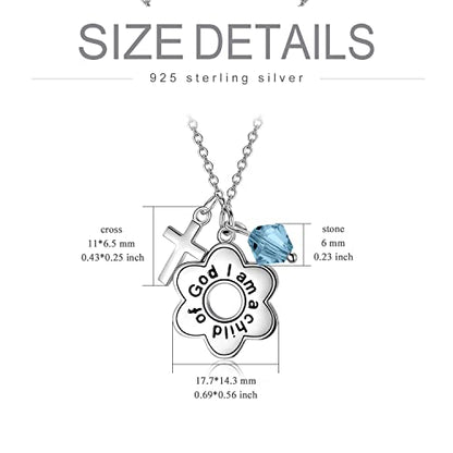 AOBOCO 925 Sterling Silver I Am a Child of God Daisy Necklace Jewelry Birthday Birthday Baptism Communion Gifts for Girls - color: Simulated Aquamarine