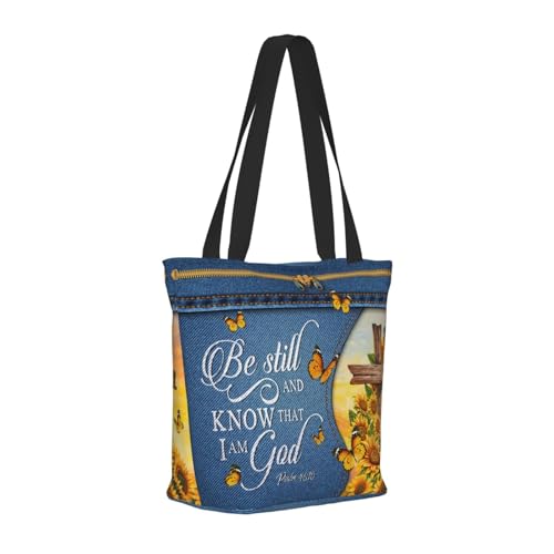 Tote Bag for Women，Everyday Carry Large Capacity Reusable Shopping Bag With Zipper For Groceries Work & Travel - color: Sonnenblume Schmetterling Kreuz Bibel