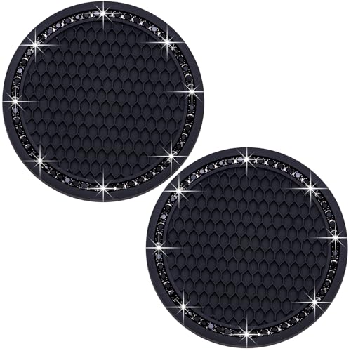 2PCS Bling Cup Holder Coaster, 2.75 Inch Auto Car Cup Holder Insert Coasters, Soft Silicone Anti-Slip Shockproof, Universal Vehicle Interior Accessories for Women Girls (Black) - color: Black & Black, size: 2 pcs