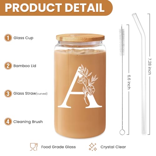 SANDJEST Monogrammed Gifts for Women - Monogram A Initial Glass Cup 16 Oz Can Coffee Cups with Lid and Straw - Monogram Initials Gifts for Womens on Birthday - color: Initial A