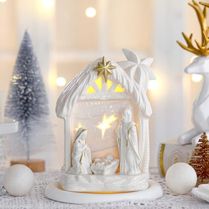 Cindeer Nativity Set for Christmas Indoor,Ceramic Nativity Scene with Light, Porcelain Statue Sculpted Hand Painted Figurine, Holy Family Manger Scene Tabletop Decor Gift (Elegant) - style: Elegant