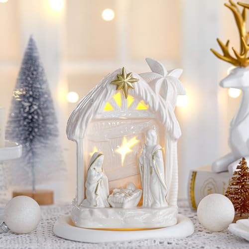 Cindeer Nativity Set for Christmas Indoor,Ceramic Nativity Scene with Light, Porcelain Statue Sculpted Hand Painted Figurine, Holy Family Manger Scene Tabletop Decor Gift (Elegant) - style: Elegant