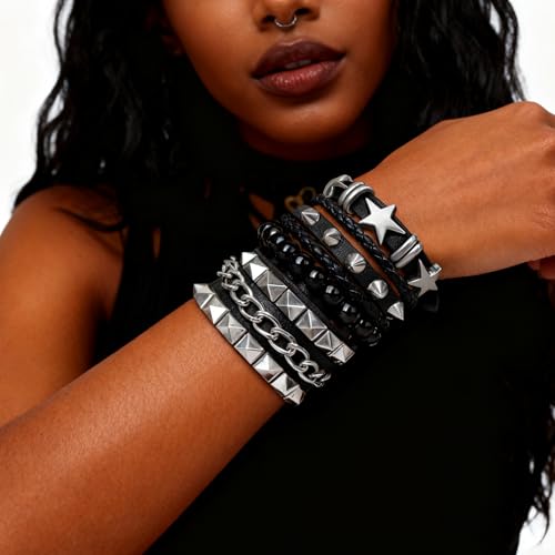 4 Pcs Leather Cuff Bracelets for Men with Spiked Cross Studded Stars Charms - color: Black-Stars Studs