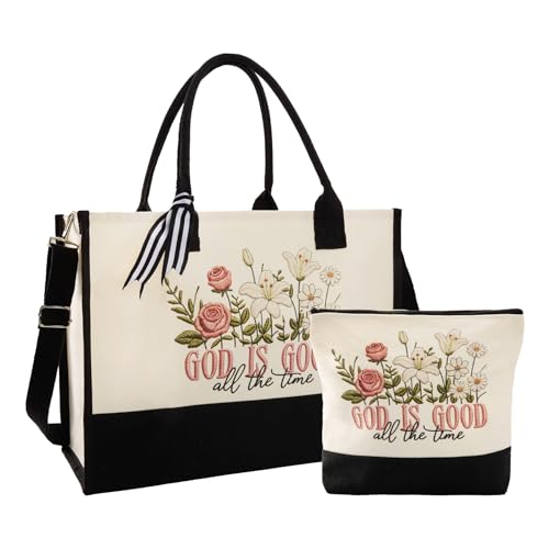 INSYOHO God Is Good All The Time Christian Tote Bag for Women - Large Canvas Bible Tote Bag with Makeup Pouch, Religious Gifts for Mom Friends Church Sunday Service & Bible Study Beach Birthday
