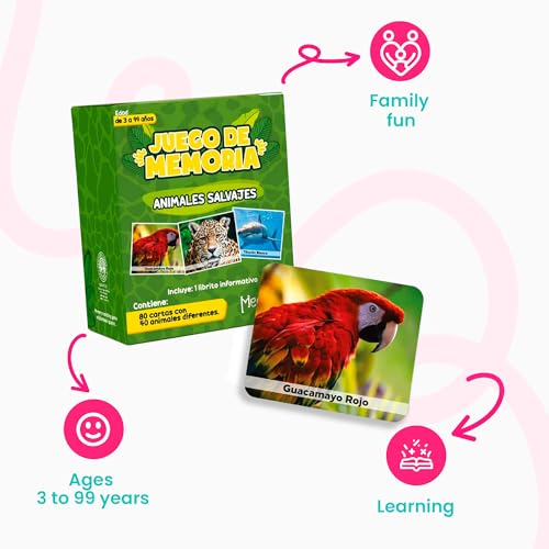 Menique Wild Animals Memory Matching Game – Spanish Edition – 80 Cards (40 Pairs) with Real Photos – Educational Game in Spanish for Kids and Adults – Includes Booklet - style: (ES) Animales Salvajes