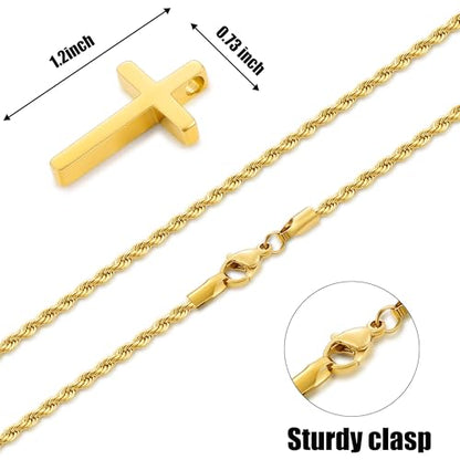 Fiusem Cross Necklace for Men, 2.5mm Rope Chain with Pendant - size: 22 Inch, style: Small gold cross: 1.2" * 0.73"