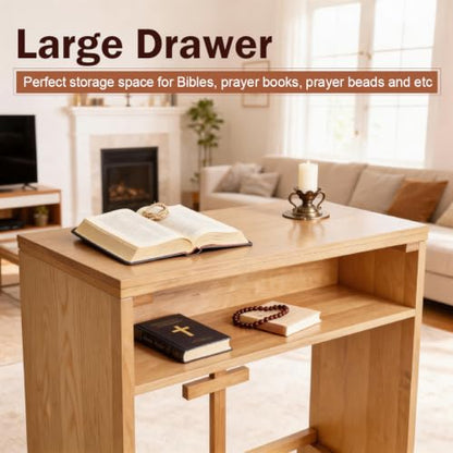 Wooden Prayer Kneeler with Storage Shelf & Cushion - Folding Prayer Bench for Home and Church, Comfortable Kneeling Devotional Pew Bench, 32" H x 22" W